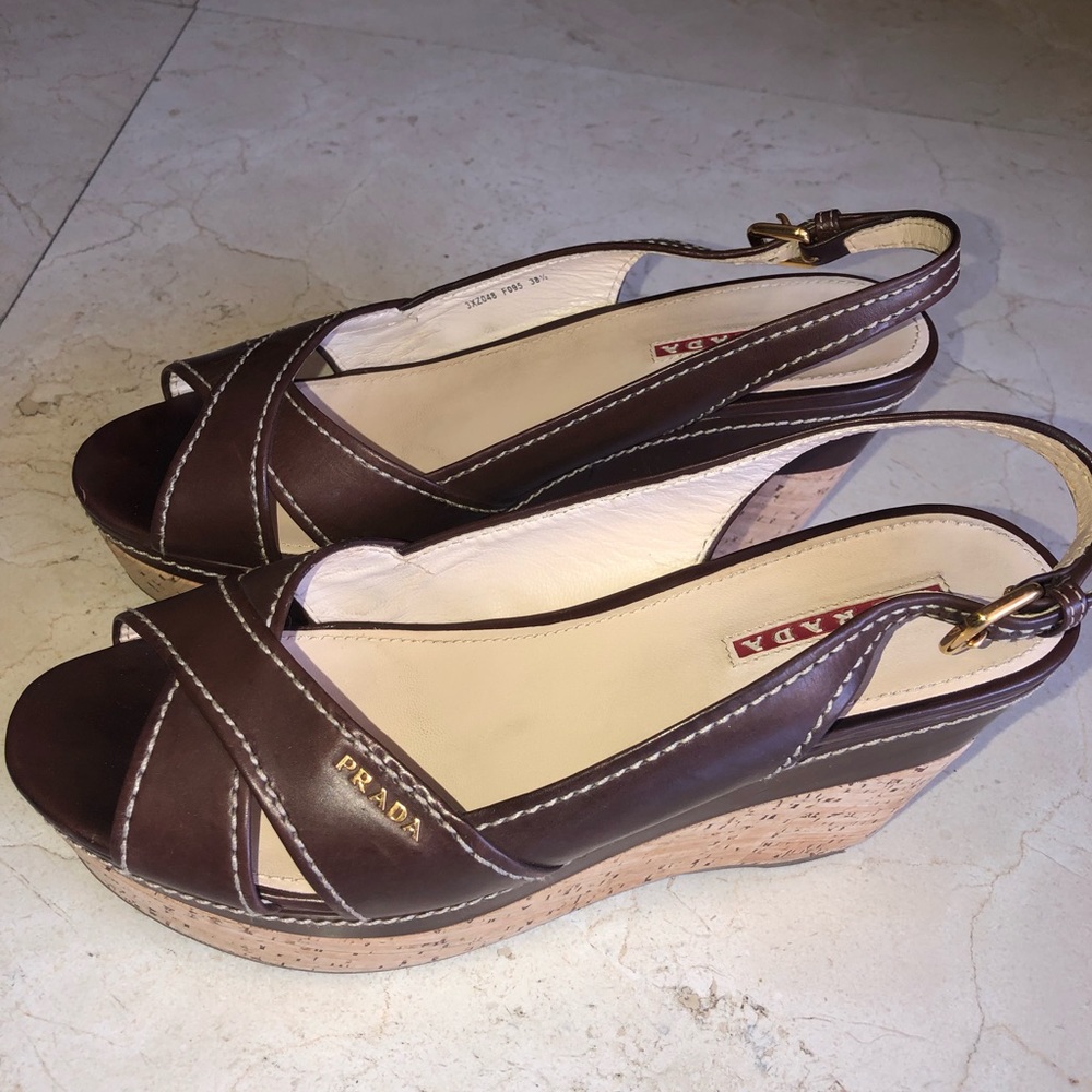 PRADA BROWN LEATHER WEDGE SANDALS
